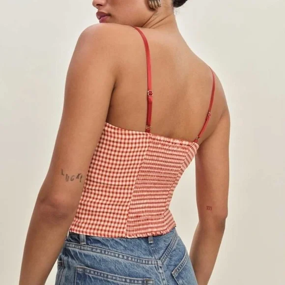 Reformation Andrea Top in Strawberry Check - Picture 2 of 9